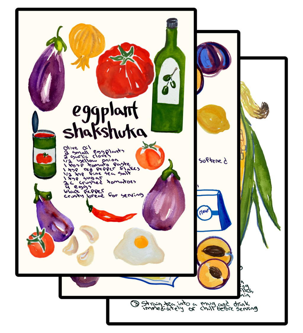 Three stacked illustrated recipe cards for eggplant shakshuka on a white background. The front card shows watercolor-style drawings of eggplants, a tomato, a green bottle, garlic, chili, a fried egg, and handwritten cooking notes.